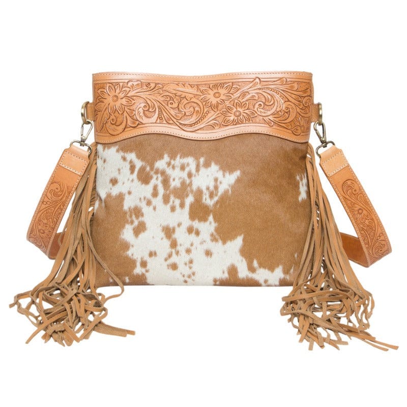 Gympie Saddleworld Handbags & Wallets Tan/White Medium Hairon Handbag with Tooled Leather and Fringe