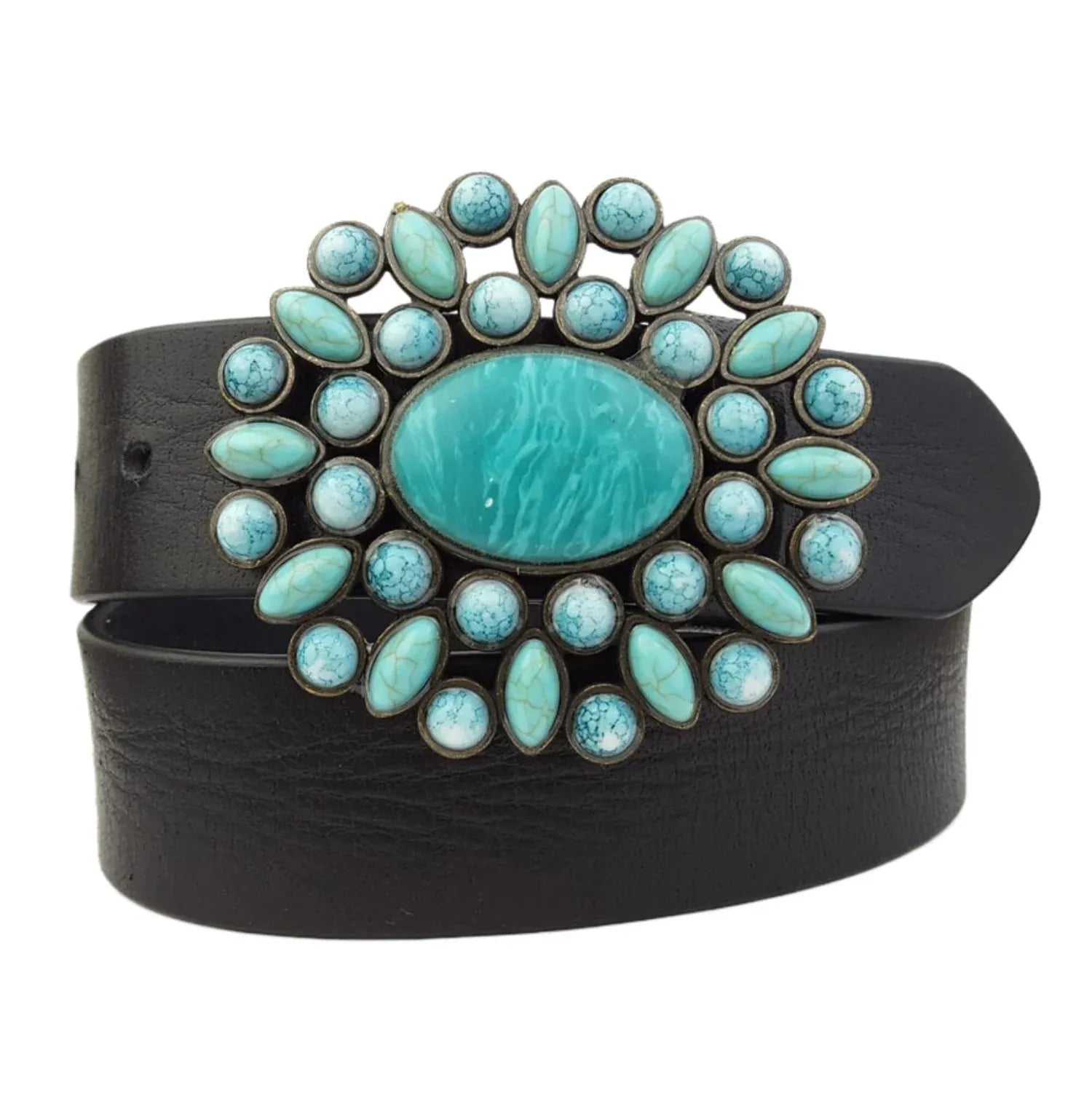 Gympie Saddleworld Womens Belts 30in / Black Leather Belt Western Turquoise Floral Buckle