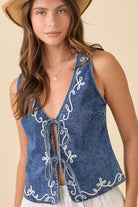 Gympie Saddleworld Womens Shirts Denim Vest Womens Front Tie Straps & Embroidery