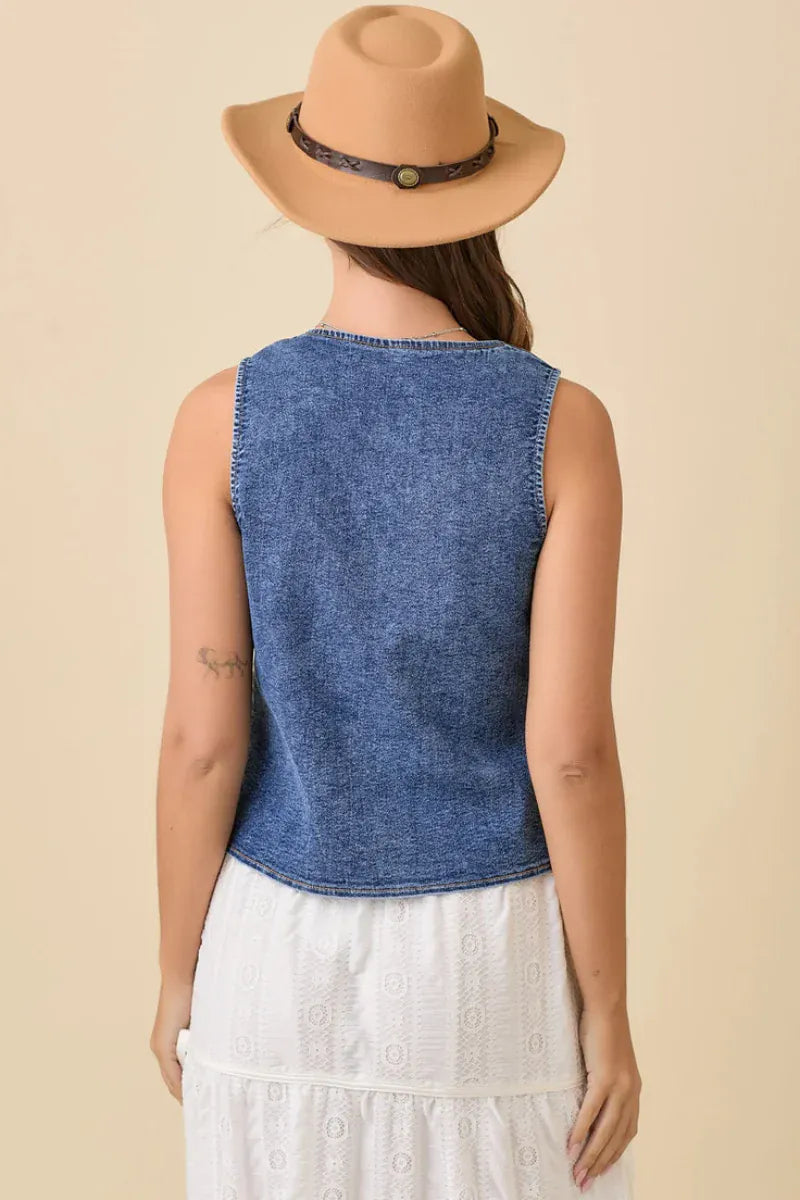 Gympie Saddleworld Womens Shirts Denim Vest Womens Front Tie Straps & Embroidery