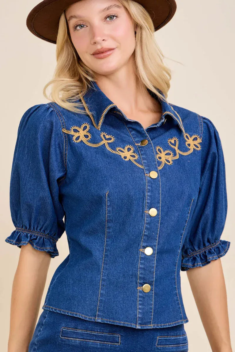 Gympie Saddleworld Womens Shirts S / Dark Wash Western Shirt Womens Retro Embroidered