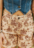 Gympie Saddleworld Womens Shorts- Skirts - Dresses 02 / Beige Womens Shorts Western Print Denim