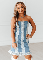 Gympie Saddleworld Womens Shorts- Skirts - Dresses S / Light Wash Denim Dress Womens Stretch with Lace Detail