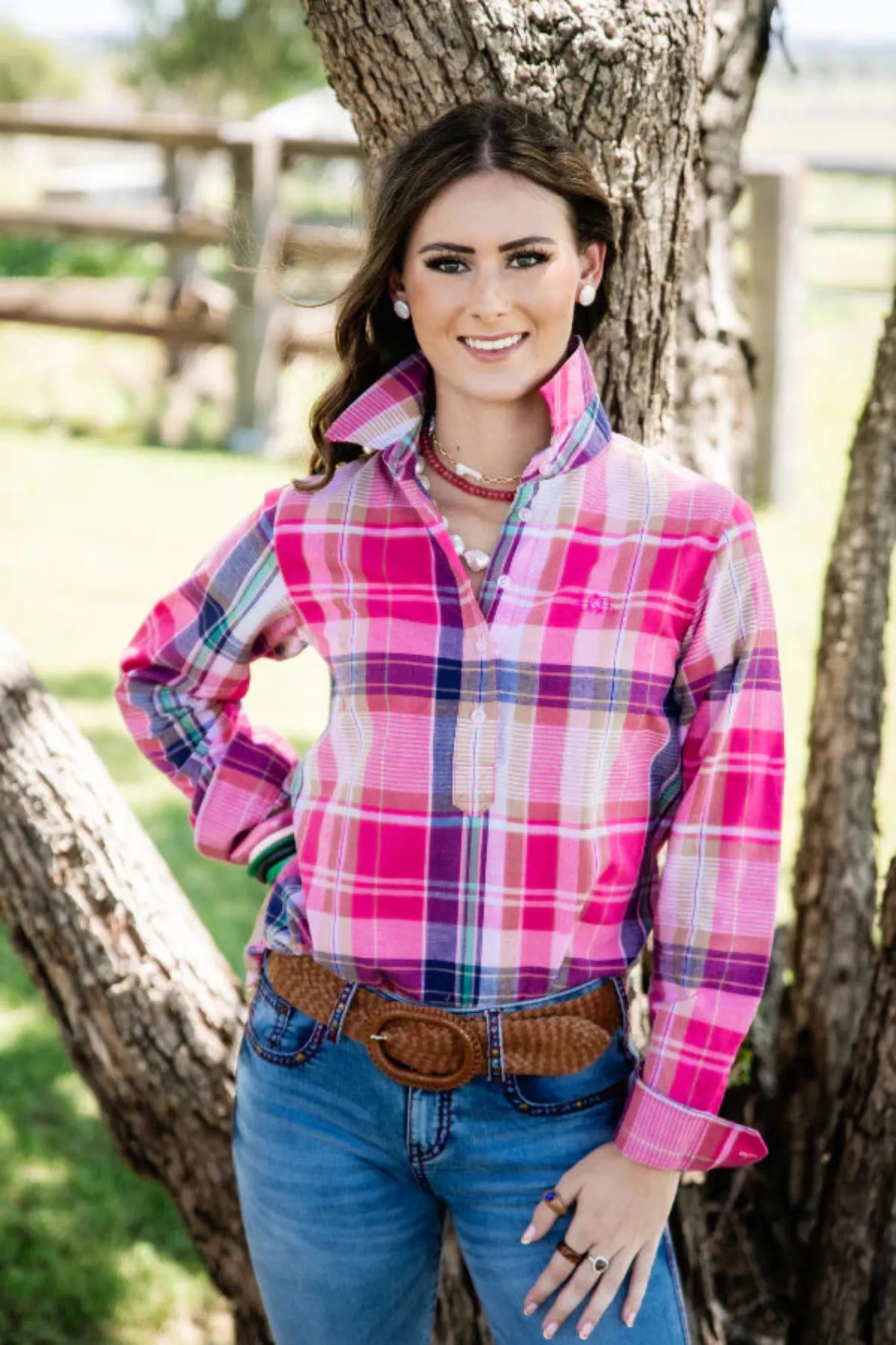 Hitchley and Harrow Womens Shirts 2XS Hitchley & Harrow Shirt Womens Relaxed Fit Half Button Check