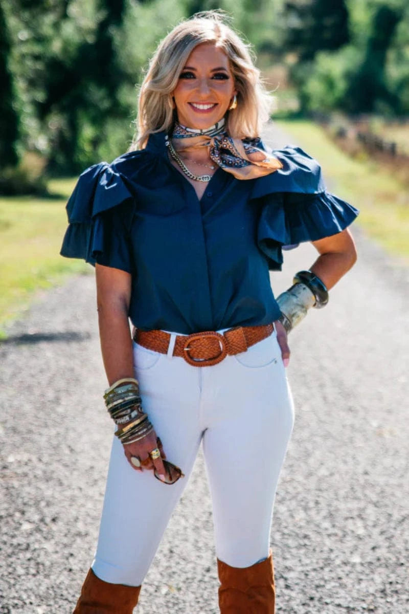 Hitchley and Harrow Womens Shirts 2XS / Navy Hitchley & Harrow Shirt Womens Ruffle Sleeve