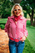 Hitchley and Harrow Womens Shirts XS / Hot Pink Gingham Hitchley & Harrow Shirt Womens Linen Gathered Sleeve