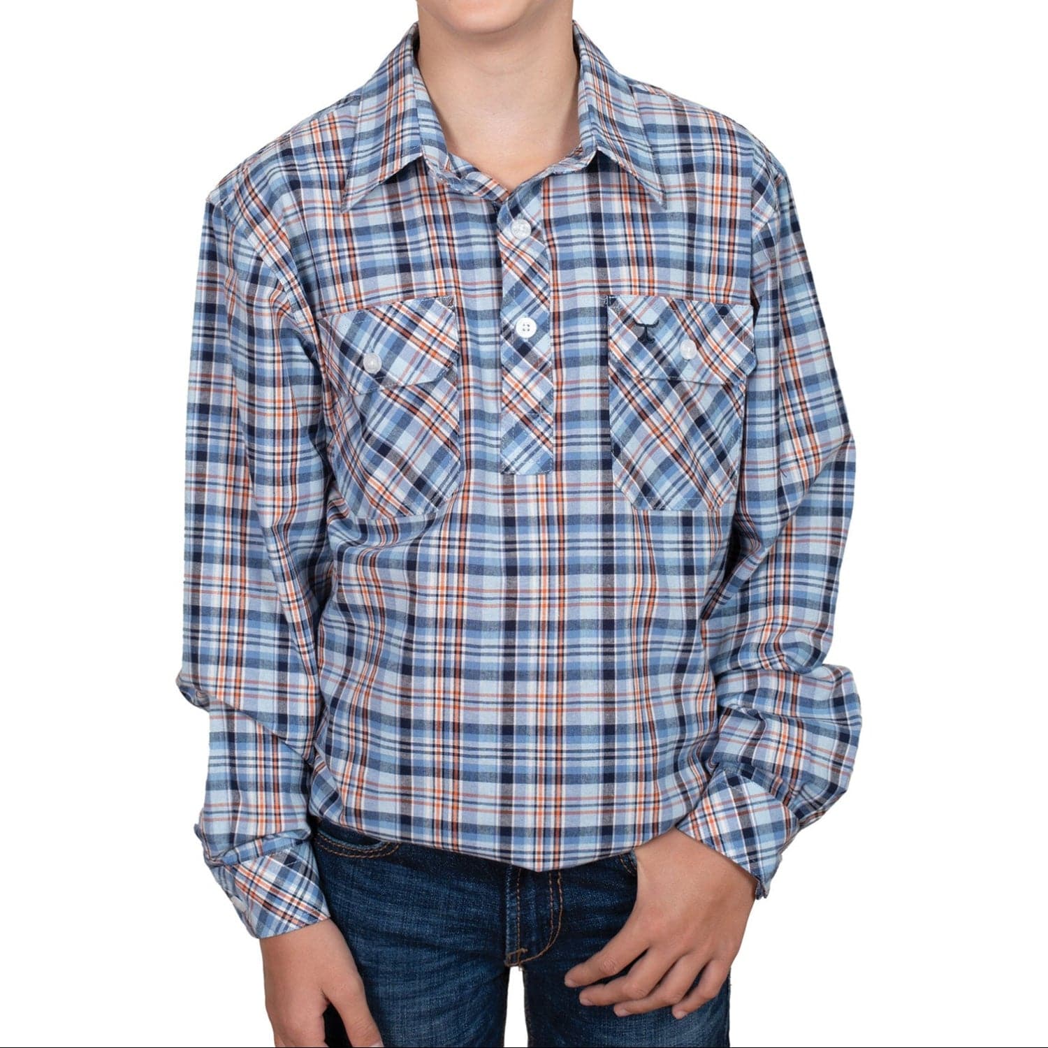 Just Country Kids Shirts 2XS / Blue/Navy/Orange Plaid Just Country Shirt Boys Brayden Half Button
