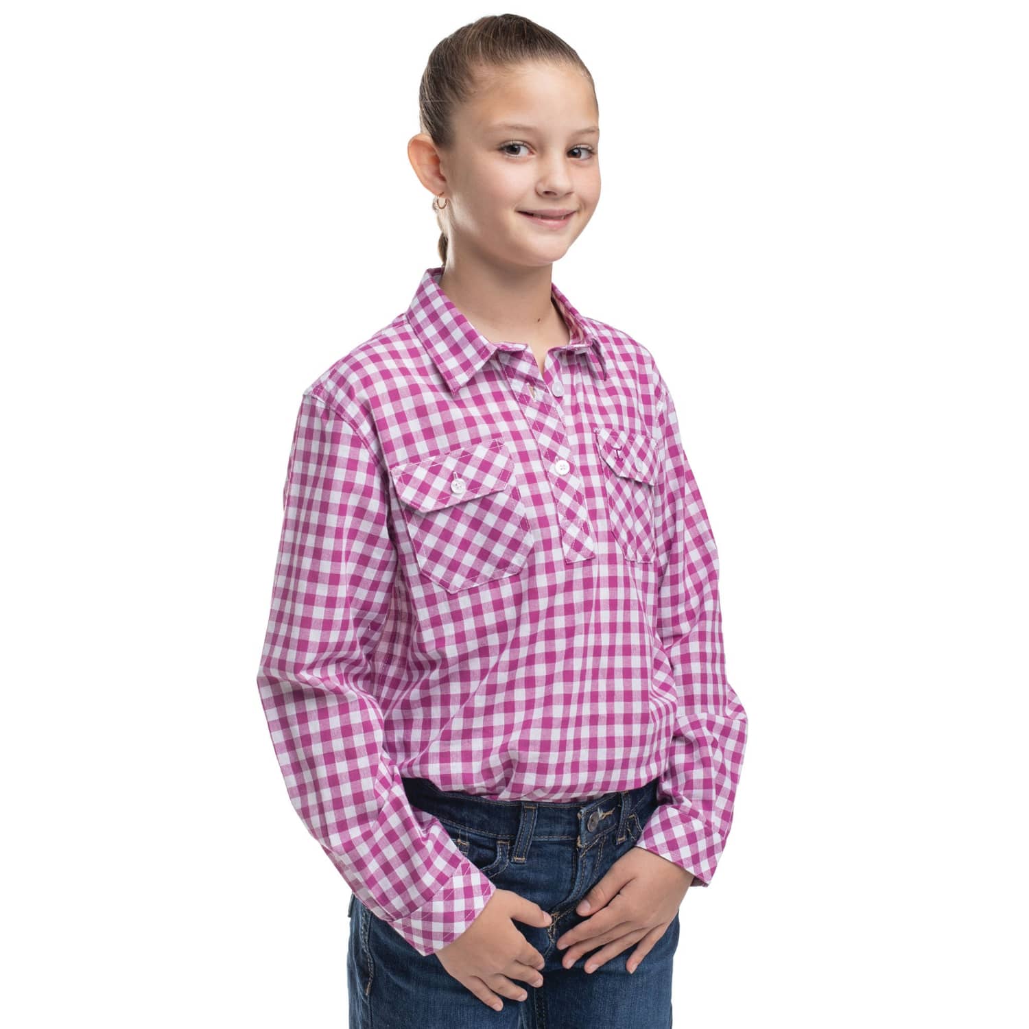 Just Country Kids Shirts 2XS / Magenta/White Just Country Shirt Girls Harper Half Button Check