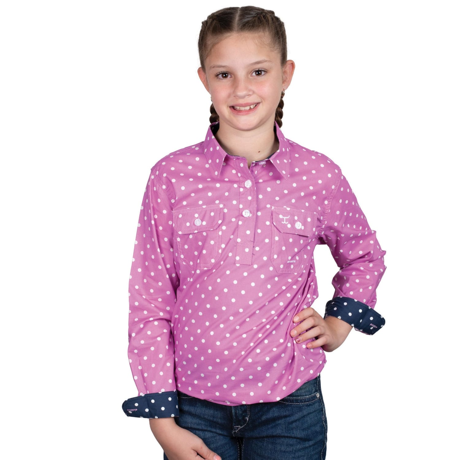 Just Country Kids Shirts M / Radiant Orchid Dots/Navy Dots Just Country Shirt Girls Harper Half Button
