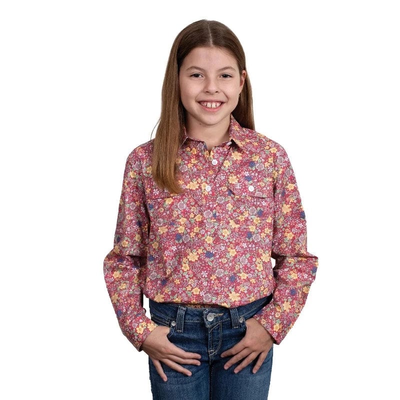 Just Country Kids Shirts XS Just Country Girls Harper Half Button Hot Pink Floral Workshirt