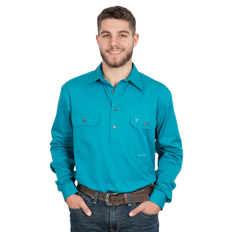 Just Country Mens Shirts 4XL / Sapphire Just Country Workshirt Mens Cameron Half Button (10101)
