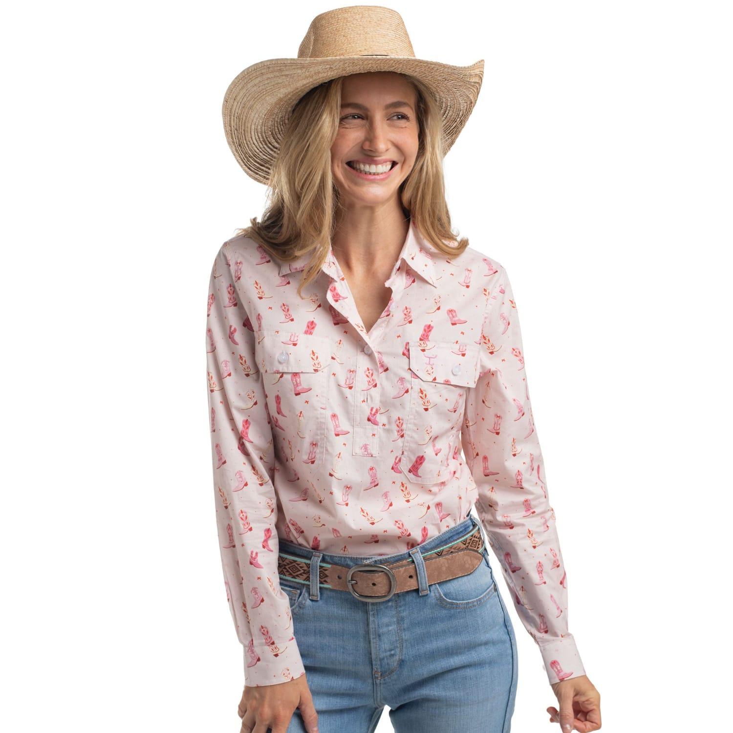 Just Country Womens Shirts 08 / Baby Pink Boots Just Country Shirt Womens Georgie Half Button Print
