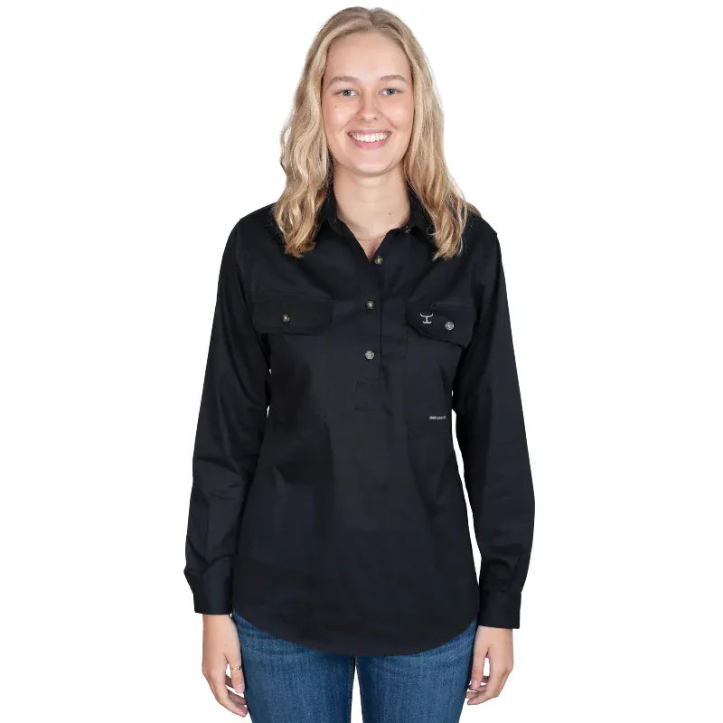 Just Country Womens Shirts 08 / Black Just Country Workshirt Womens Jahna Half Button