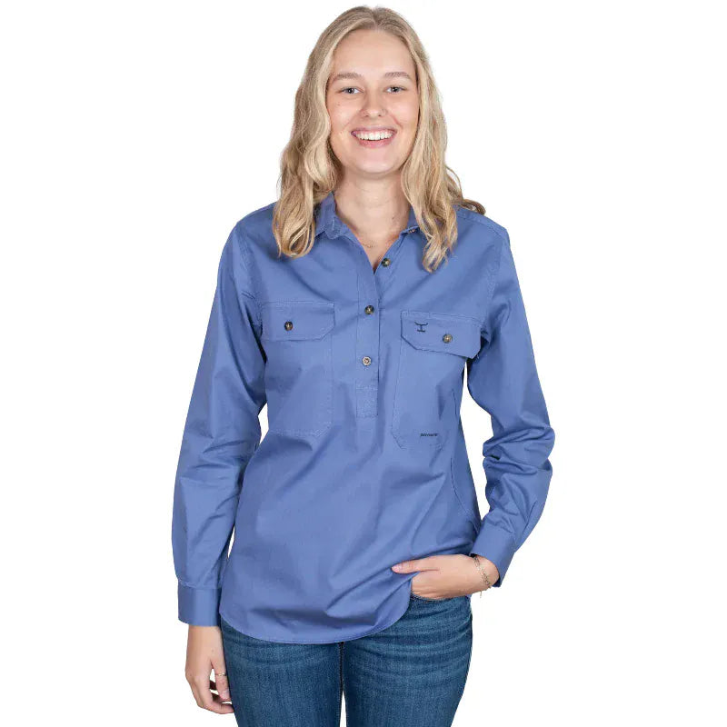 Just Country Womens Shirts 08 / Blue Just Country Workshirt Womens Jahna Half Button