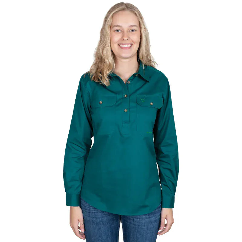 Just Country Womens Shirts 08 / Forest Green Just Country Workshirt Womens Jahna Half Button