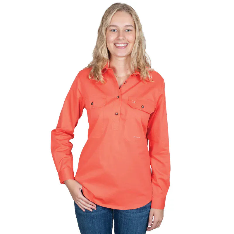 Just Country Womens Shirts 08 / Hot Coral Just Country Workshirt Womens Jahna Half Button