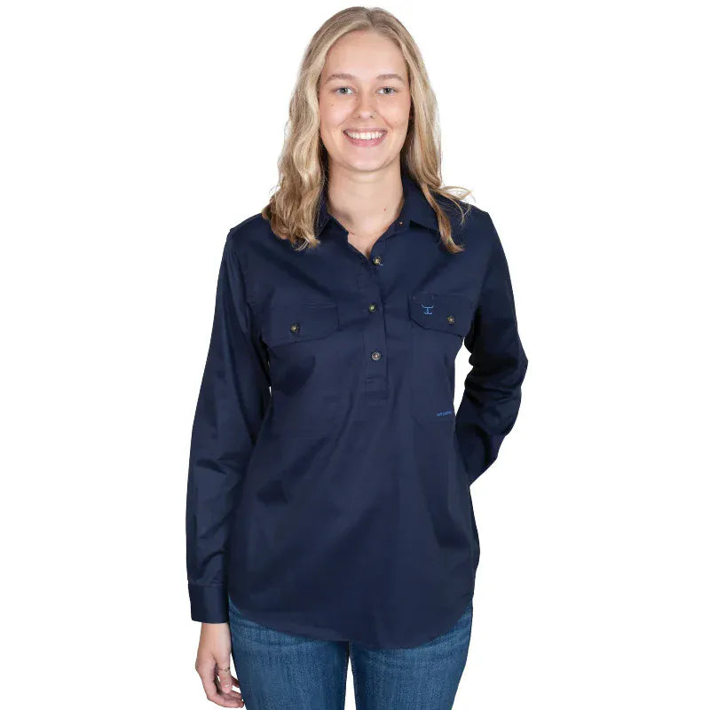 Just Country Womens Shirts 08 / Navy Just Country Workshirt Womens Jahna Half Button