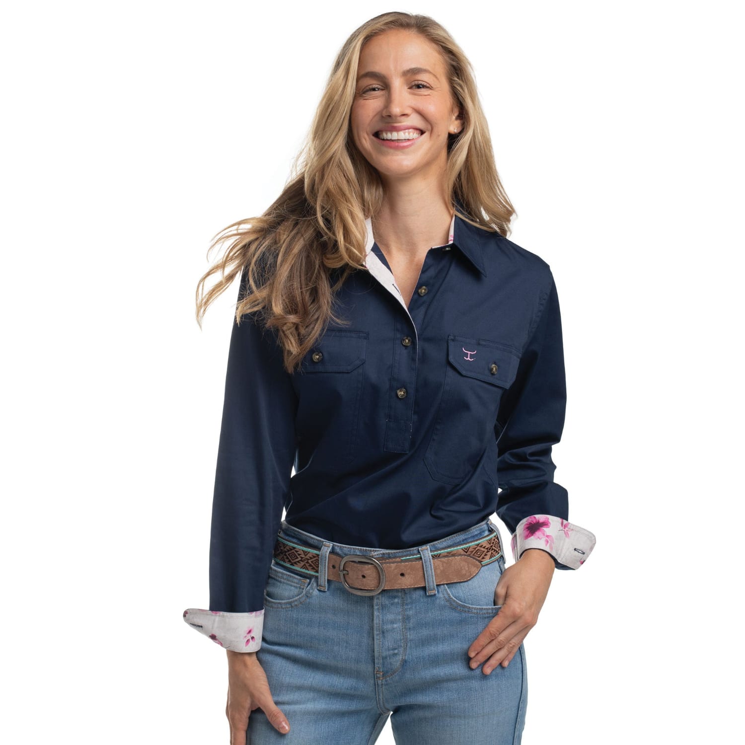 Just Country Womens Shirts 08 / Navy/Magenta Violets Just Country Shirt Womens Jahna Half Button Trim