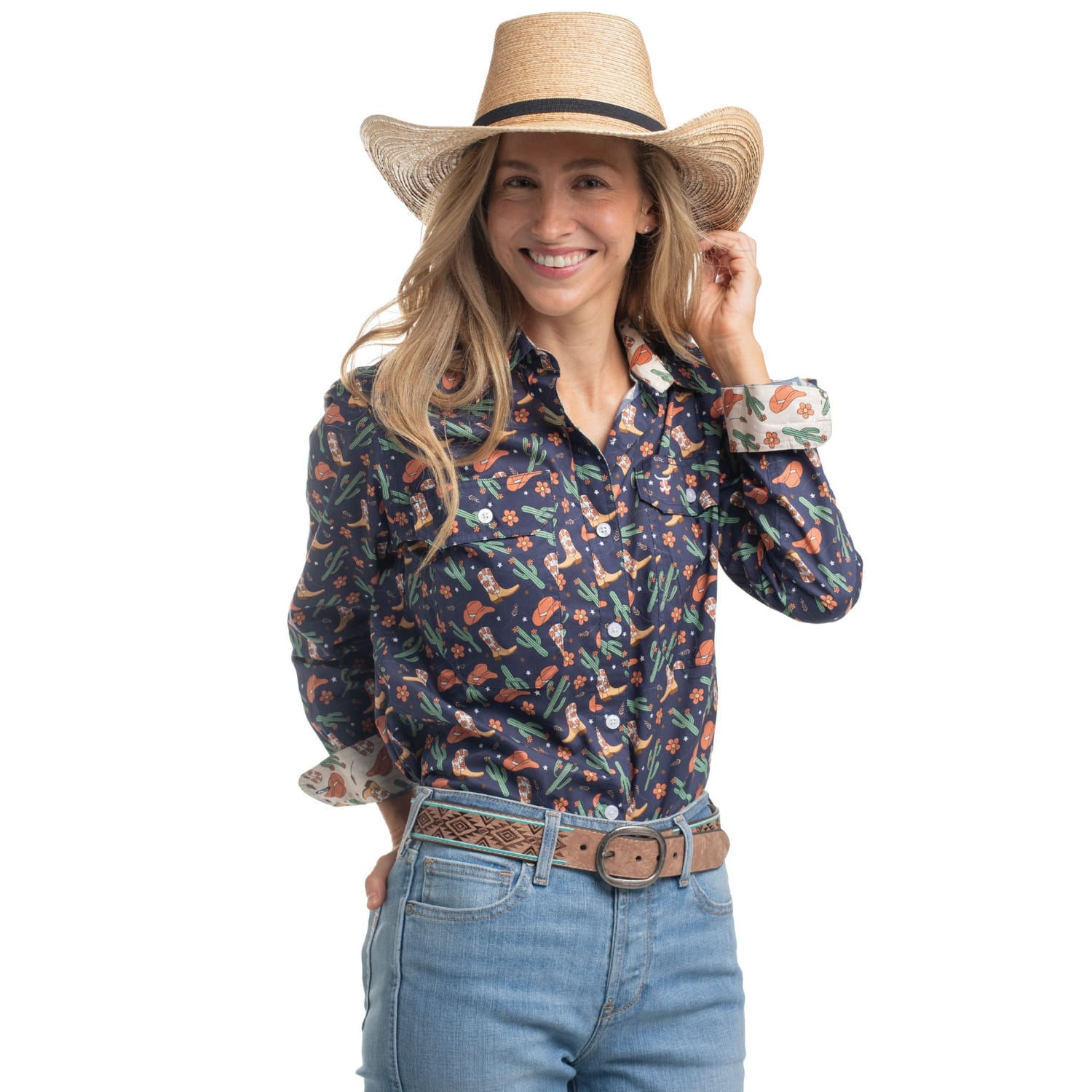 Just Country Womens Shirts 08 / Navy Western Boots Just Country Shirt Womens Abbey Full Button Print