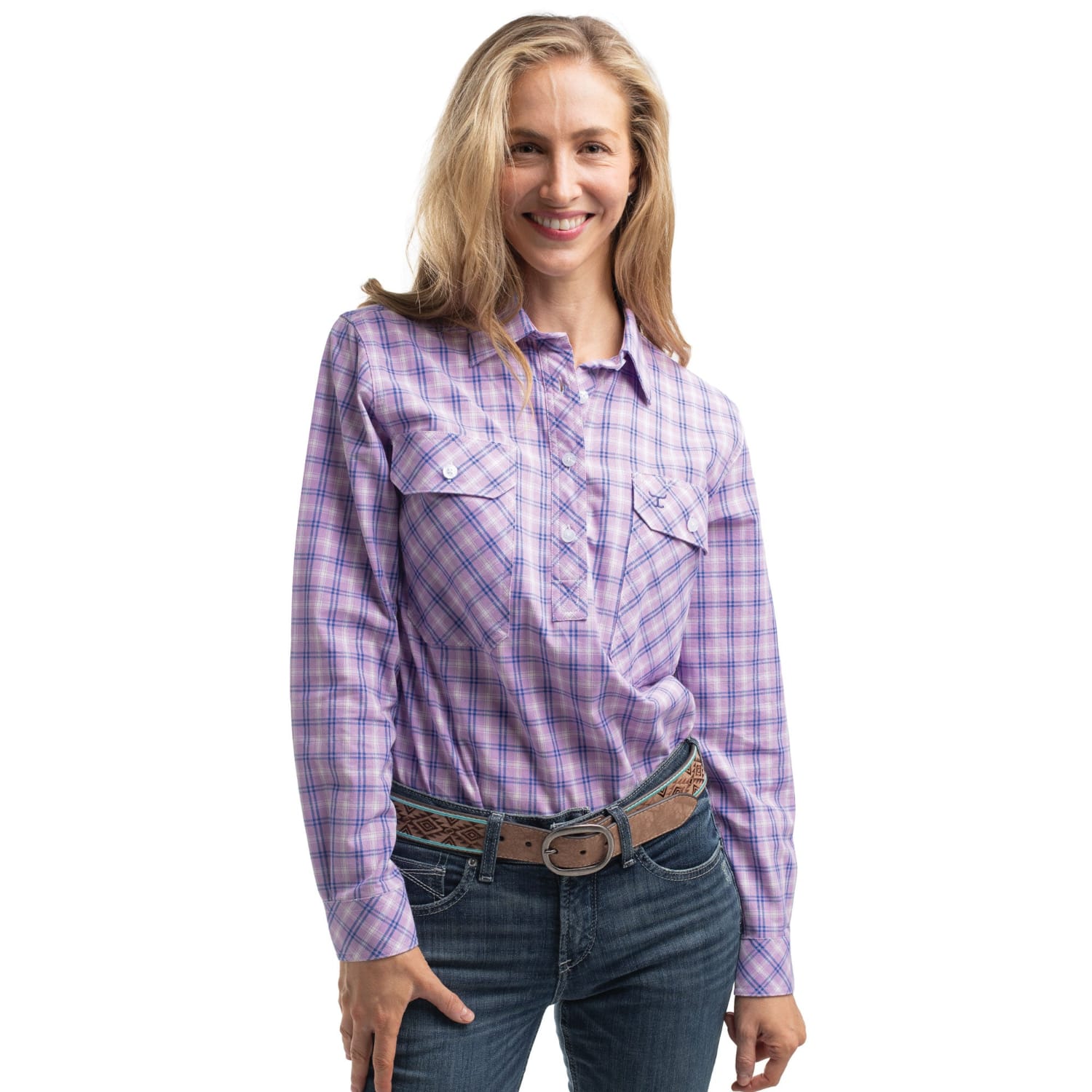 Just Country Womens Shirts 08 / Orchid/Royal Blue Just Country Shirt Womens Georgie Half Button Check