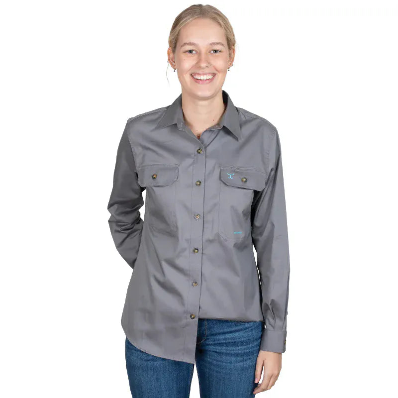 Just Country Womens Shirts 08 / Steel Grey Just Country Workshirt Womens Brooke Full Button