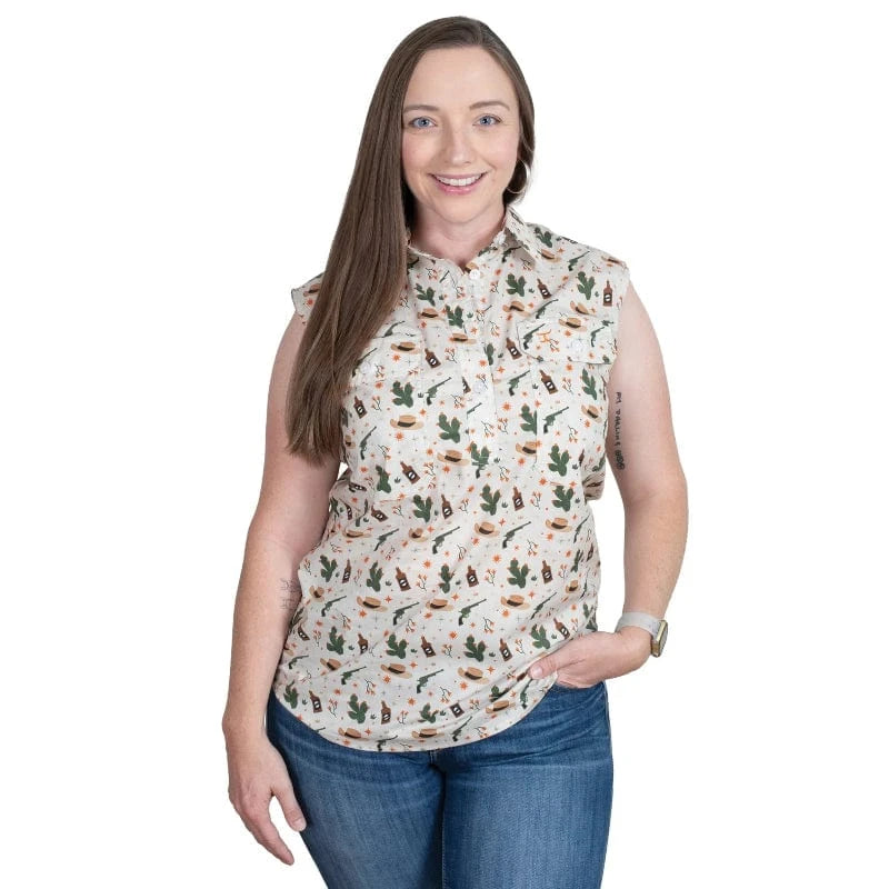 Just Country Womens Shirts 08 / Stone Western Scene Just Country Workshirt Womens Lilly Half Button Sleeveless