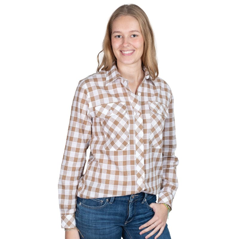 Just Country Womens Shirts 08 / Tan/White Check Just Country Shirt Womens Abbey Full Button