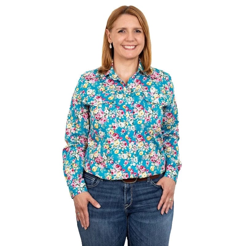 Just Country Womens Shirts 08 / Teal Peonies Just Country Workshirt Womens Abbey Full Button (WWLS2337)