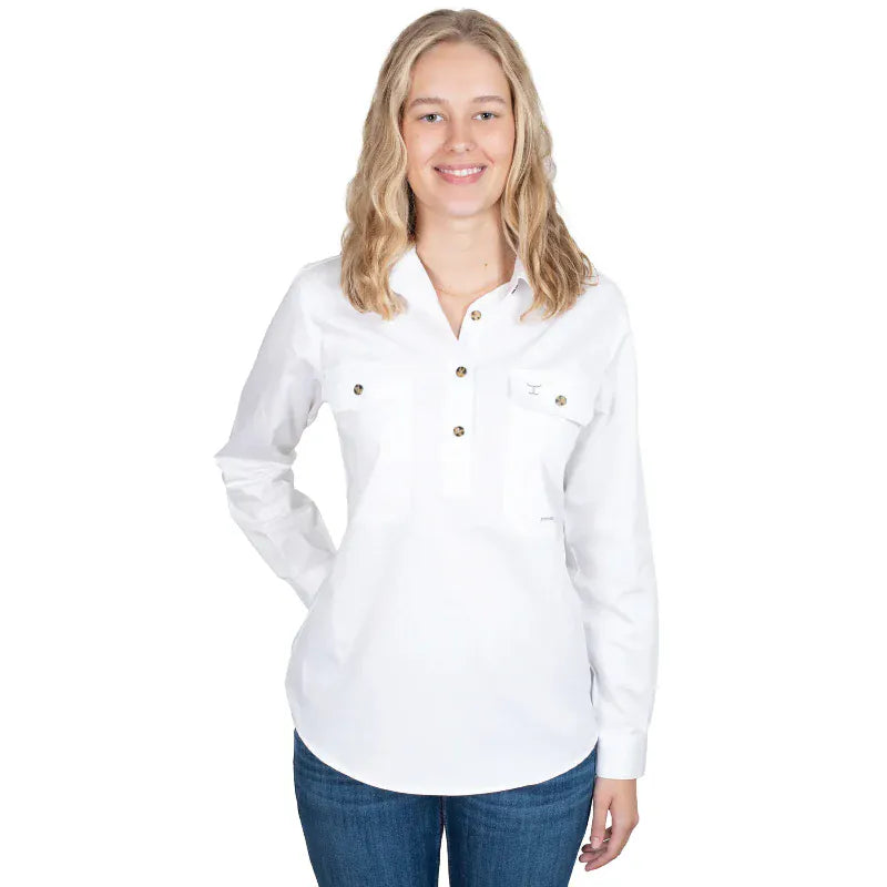 Just Country Womens Shirts 08 / White Just Country Workshirt Womens Jahna Half Button