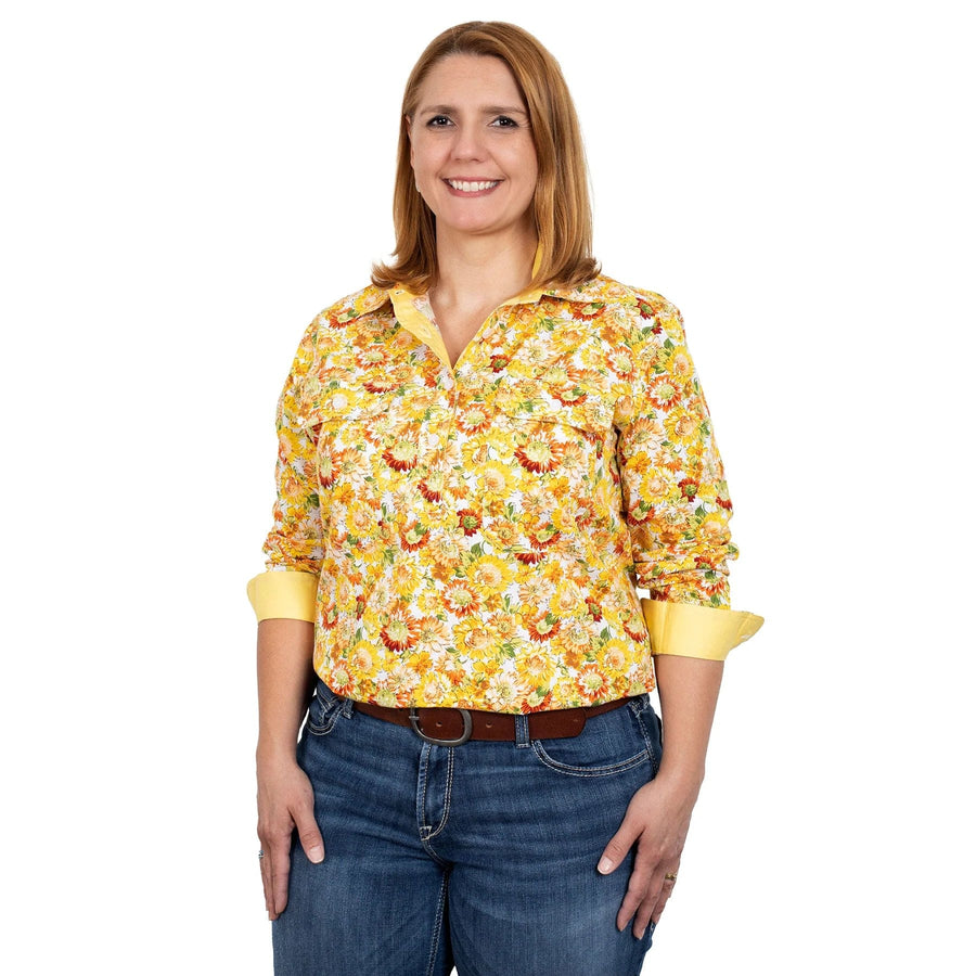 Just Country Womens Shirts 08 / White Sunflowers Just Country Workshirt Womens Georgie Print (WWLS2360)