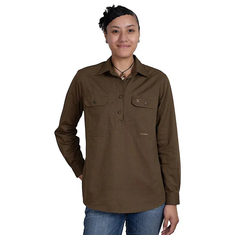 Just Country Womens Shirts 18 / Bark Just Country Workshirt Womens Jahna Half Button