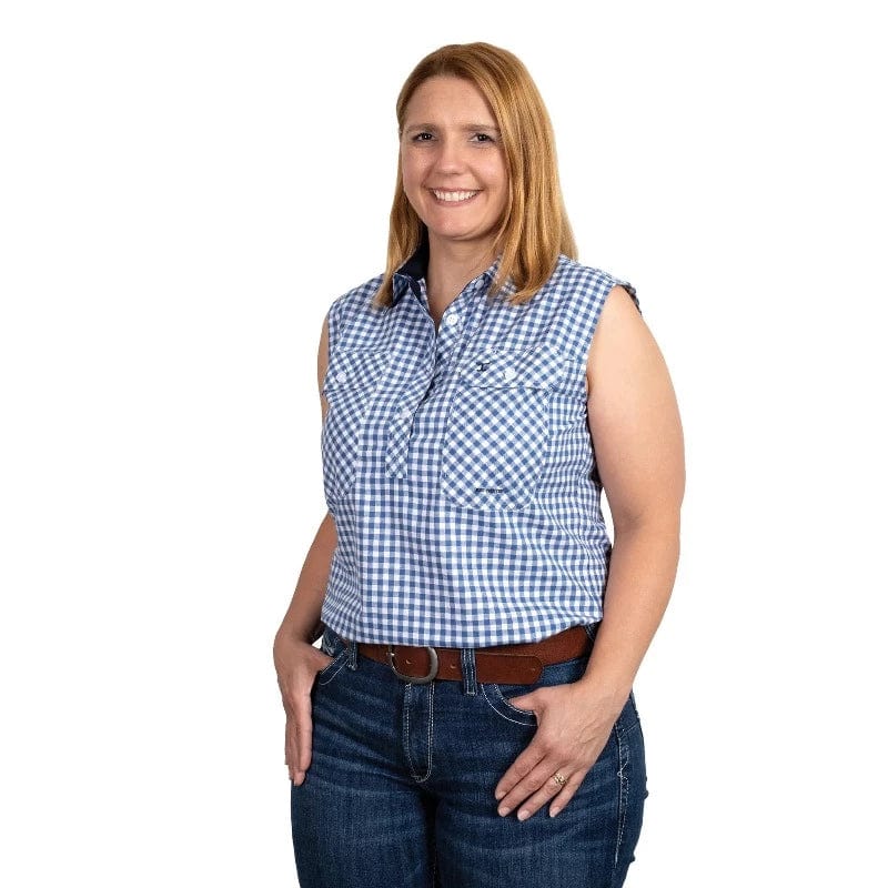 Just Country Womens Shirts 8 Just Country Womens Lilly Sleeveless Half Button Navy Check Workshirt