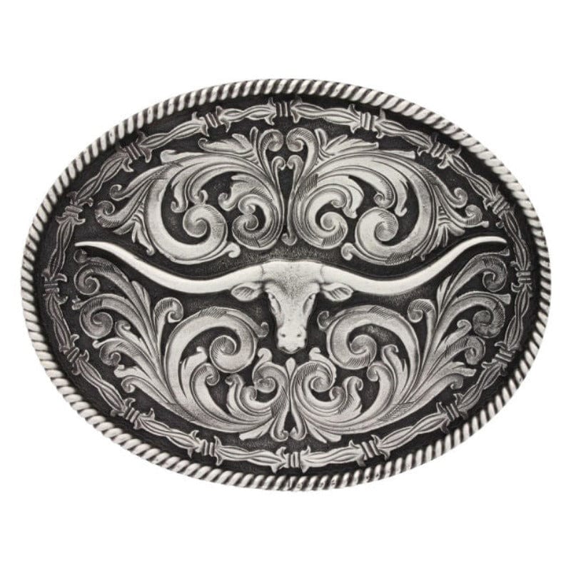 Montana Silversmiths Belt Accessories Montana Silversmith Belt Buckle Roper and Barbed Wire Longhorn (A550S)