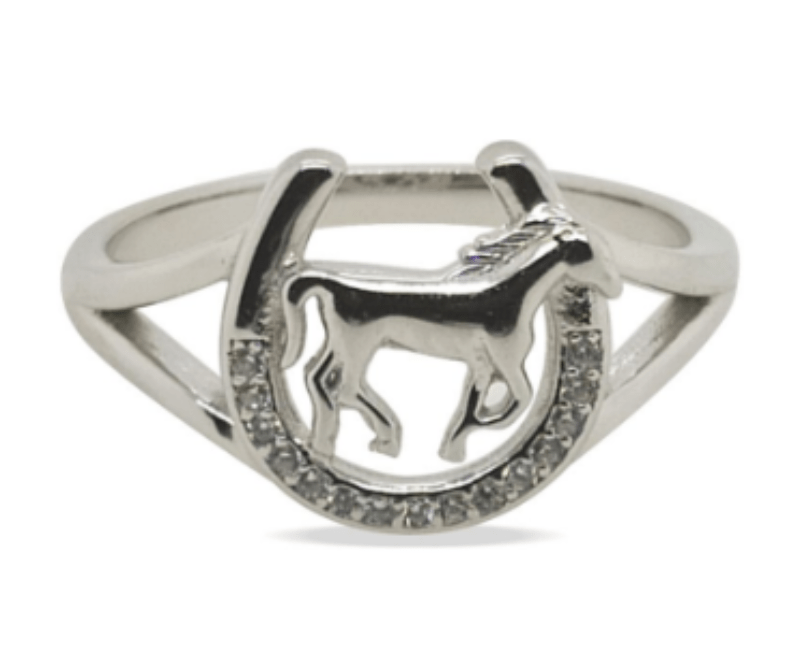 Mountain Creek Jewellery 06 MCJ Horse in Horseshoe Ring with Cubic Zirconia