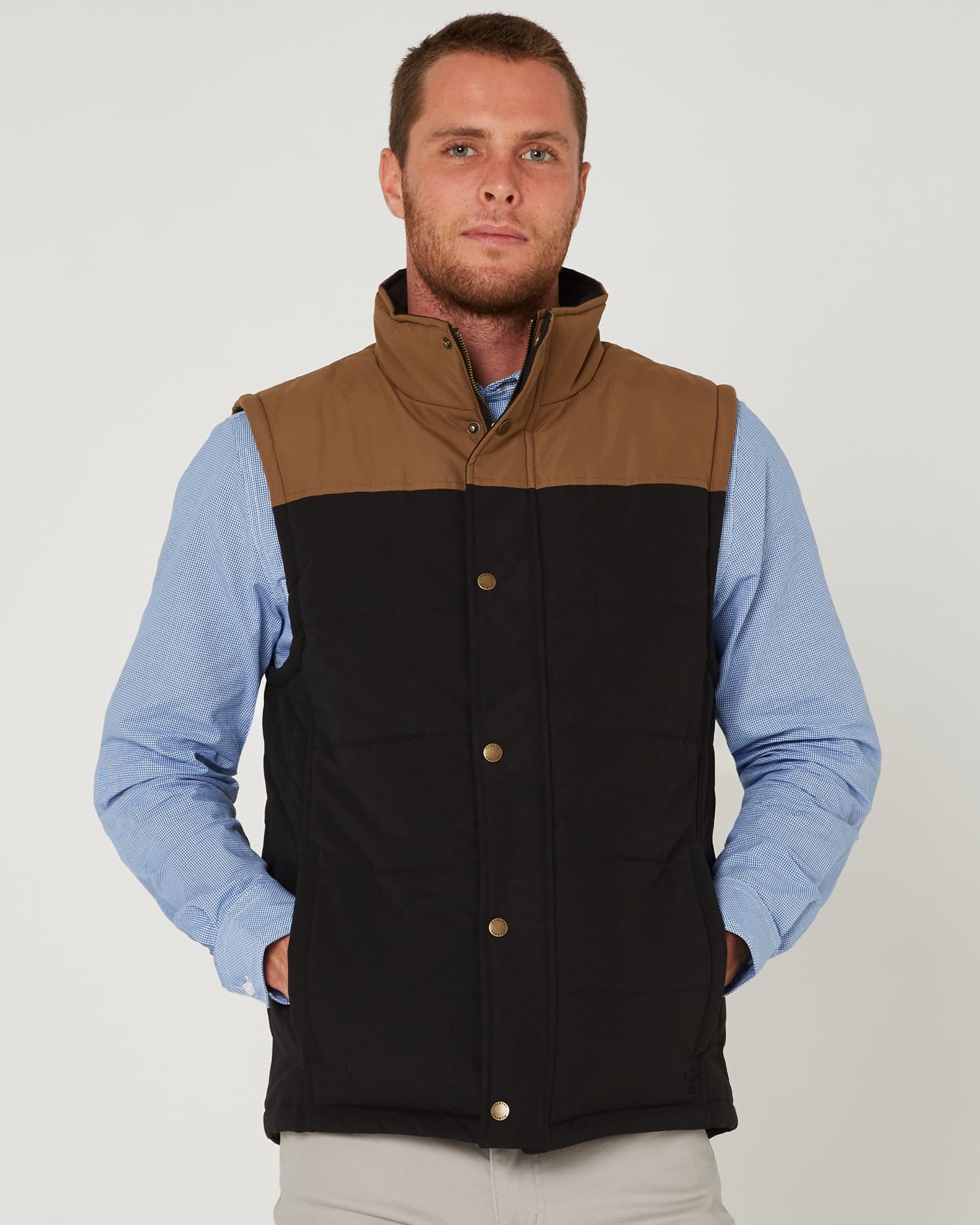 Pilbara Mens Jumpers- Jackets - Vests S / Black/Whisky Pilbara Vest Mens Two-Tone