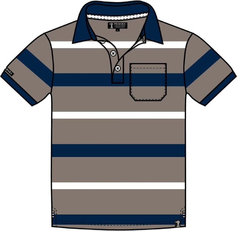 Pilbara Mens Tops S / Wood/Navy/White Pilbara Polo Mens Striped Pocket (RMPC098)