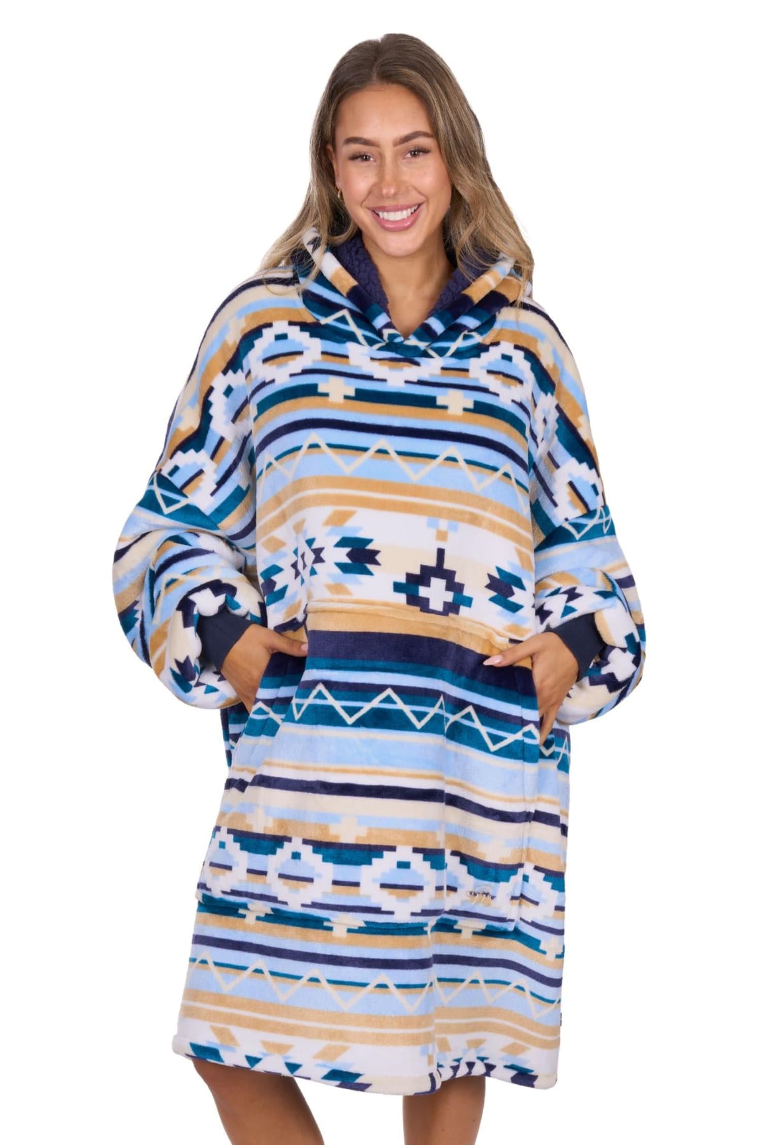 Pure Western Womens Jumpers- Jackets - Vests Natural/Blue Pure Western Snuggle Hoodie Adults Aztec