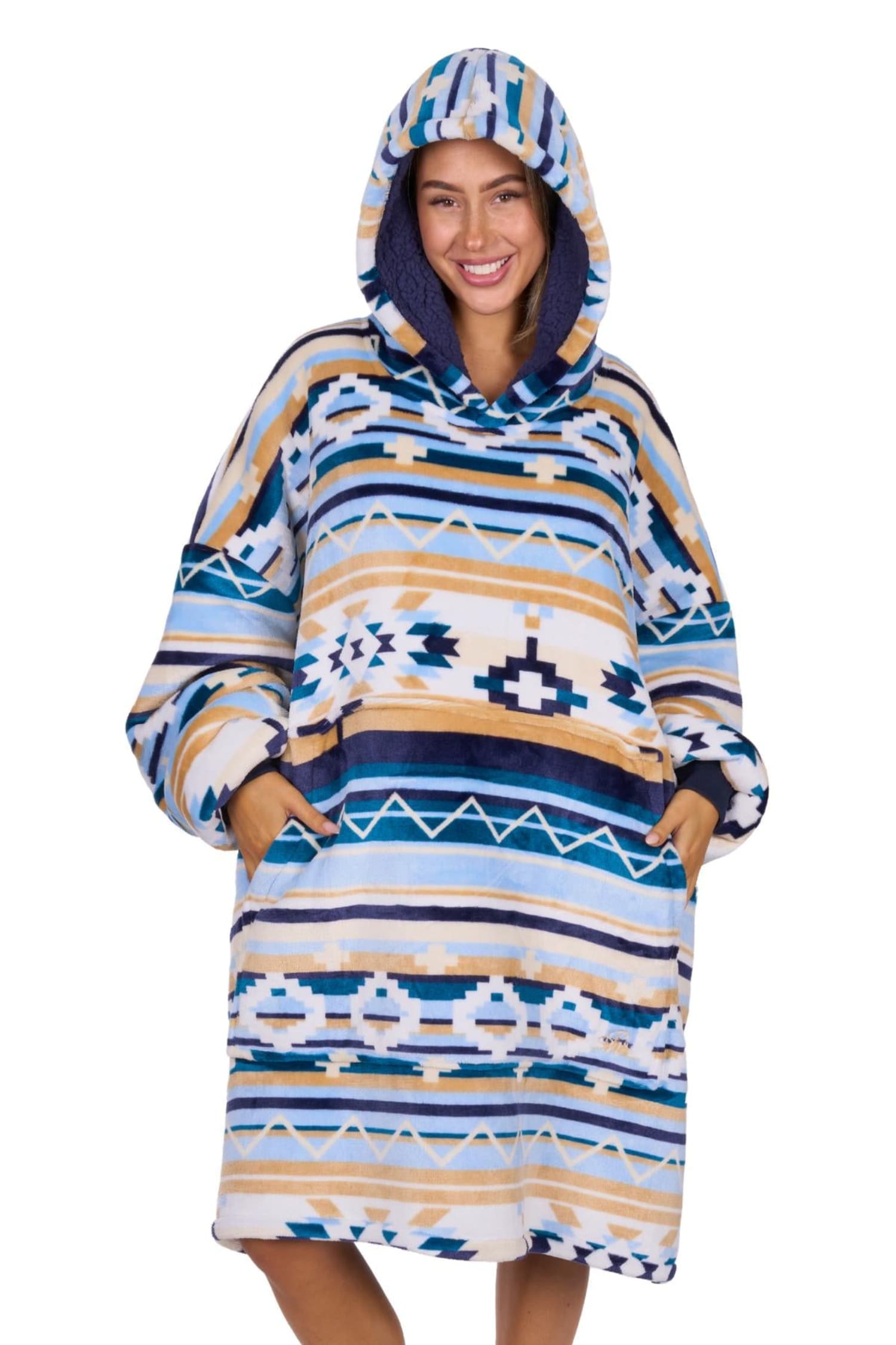 Pure Western Womens Jumpers- Jackets - Vests Natural/Blue Pure Western Snuggle Hoodie Adults Aztec