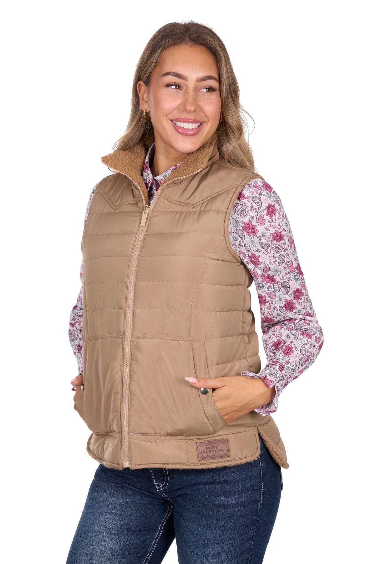 Pure Western Womens Jumpers- Jackets - Vests XS / Tan Pure Western Vest Womens Sherri Reversible