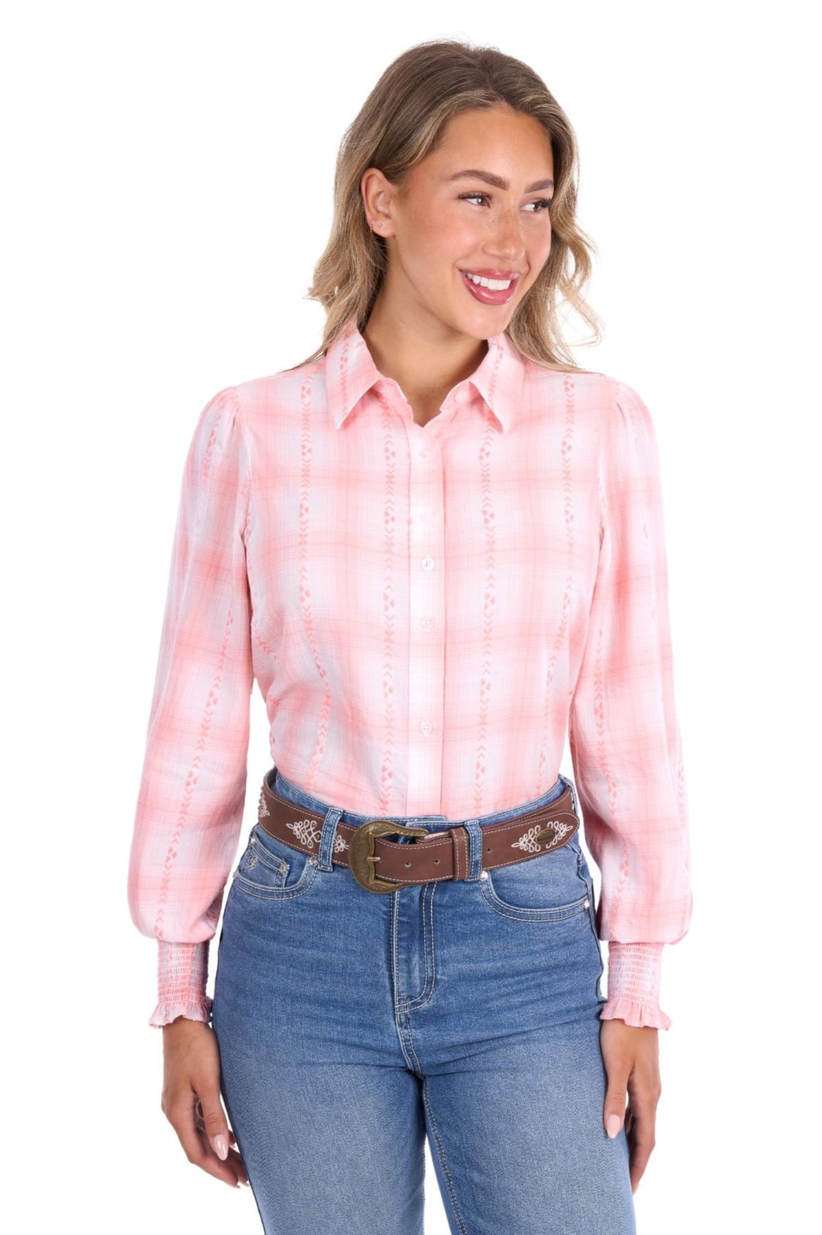 Pure Western Womens Shirts 08 / Peach/White Pure Western Shirt Womens Kelli
