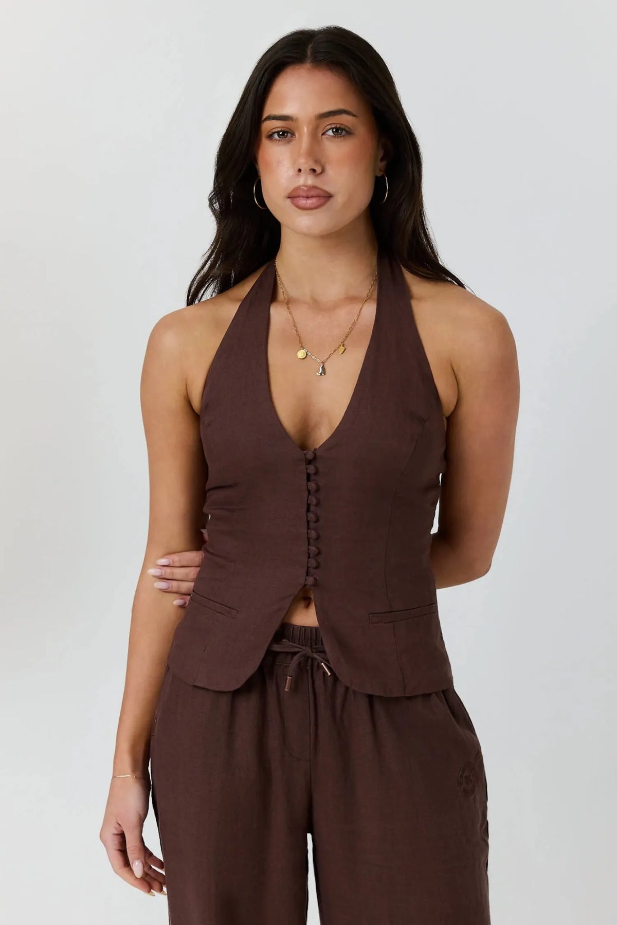 Ringers Western Womens Shirts 06 / Chocolate Ringers Western Top Womens Fallon Linen Halter