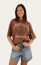 Ringers Western Womens Shirts 06 / Washed Saddle Brown Ringers Western Tee Womens Lady Luck Oversize