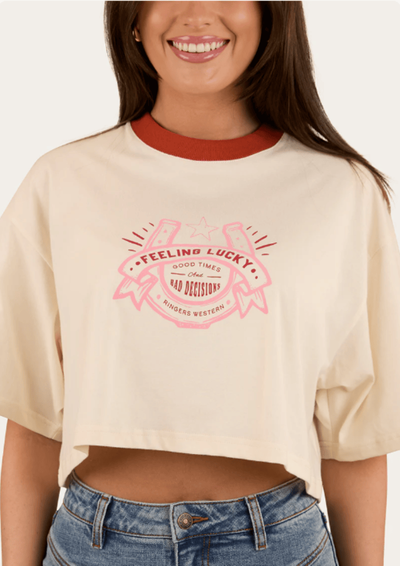 Ringers Western Womens Shirts 08 / Off White Ringers Western Tee Womens Feeling Lucky Crop Oversize
