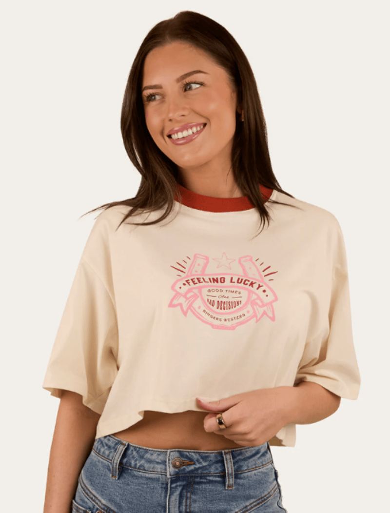 Ringers Western Womens Shirts Ringers Western Tee Womens Feeling Lucky Crop Oversize