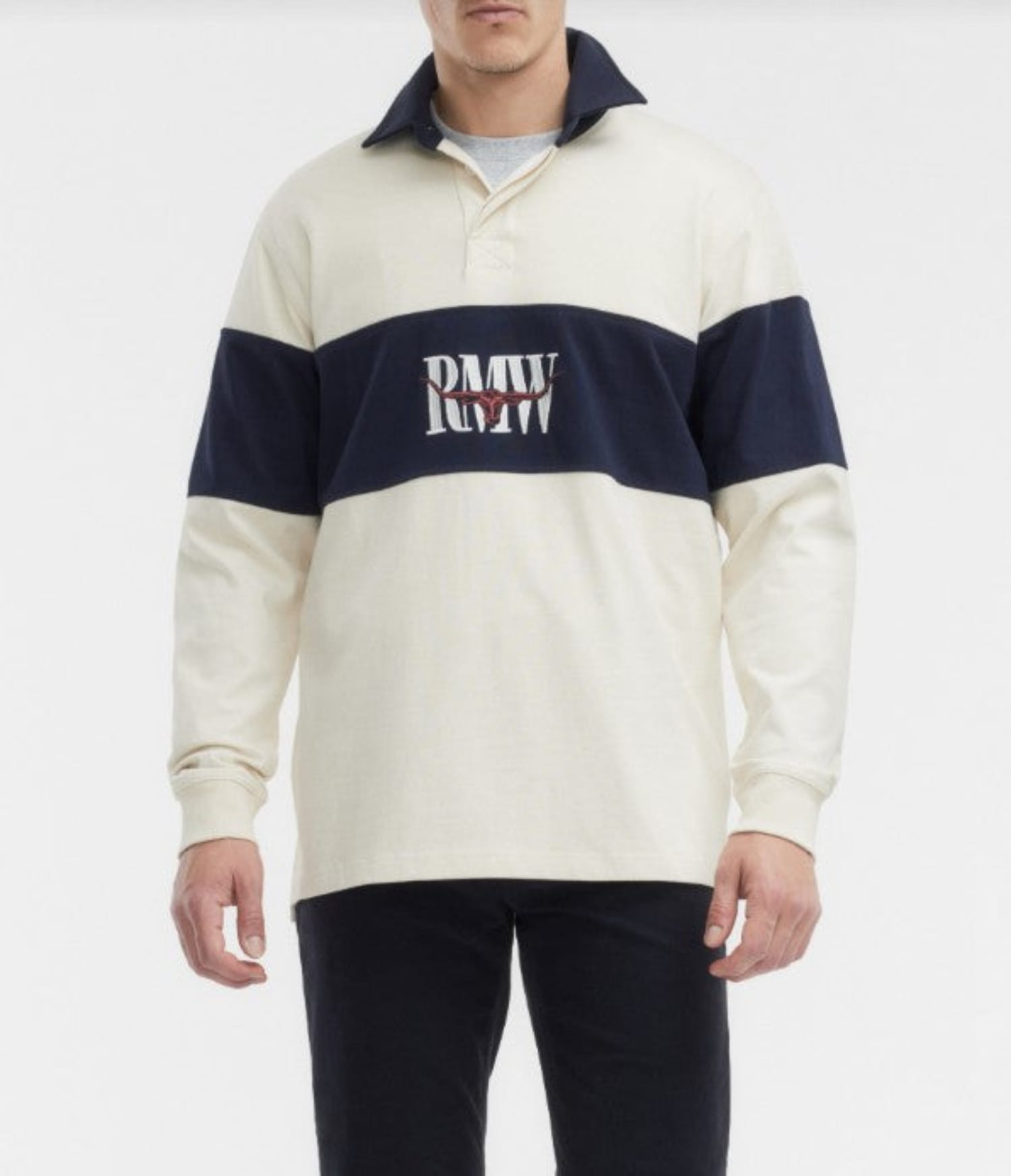 RM Williams Mens Jumpers- Jackets - Vests S / Ecru RM Williams Jumper Mens Heritage Panel Rugby