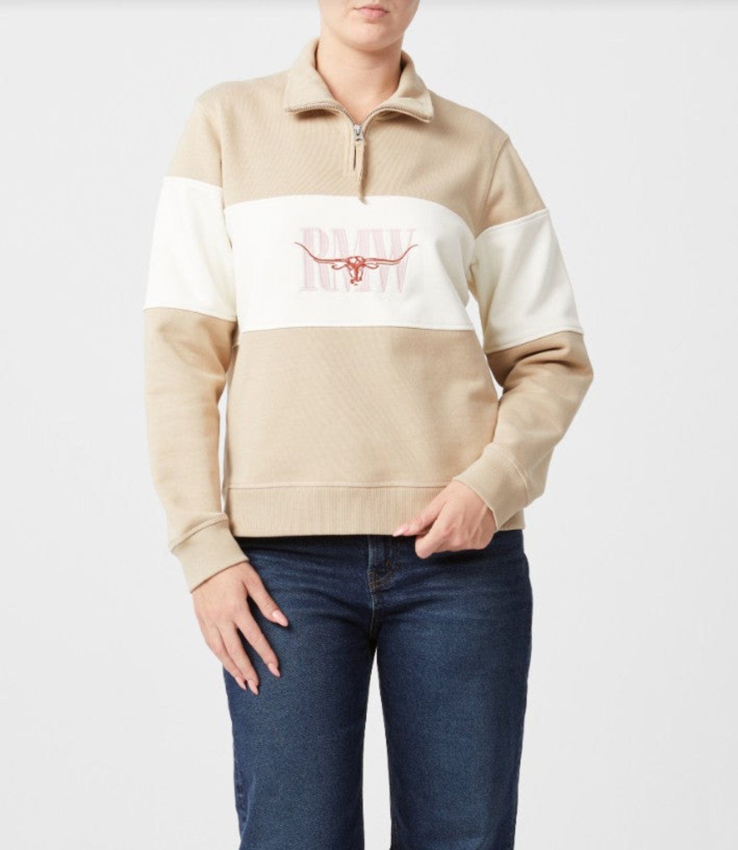 RM Williams Womens Jumpers- Jackets - Vests XS / Sand RM Williams Jumper Womens Trickett Panel