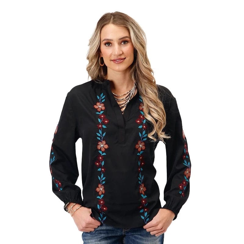 Roper Womens Tops XS Roper Womens Studio West Collection Blouse Solid Black with Flowers