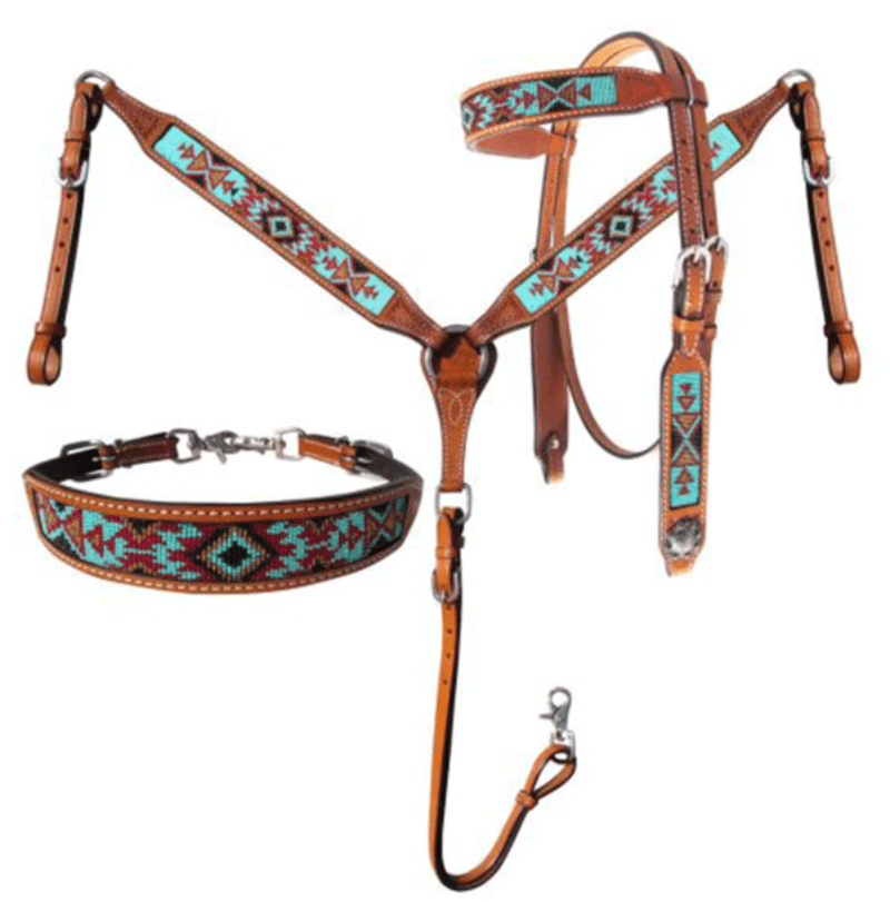 Showman Bridles Cob/Full Showman Bridle & Breastplate Set Leather with Aztec Beaded Inlay