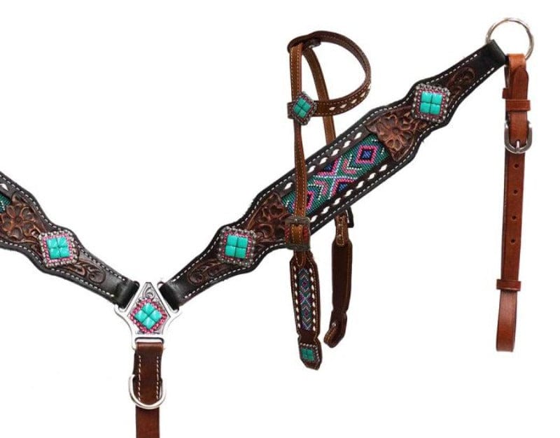 Showman Bridles Showman Breastplate & Headstall Set Beaded Inlay Turquoise Stone (13522)