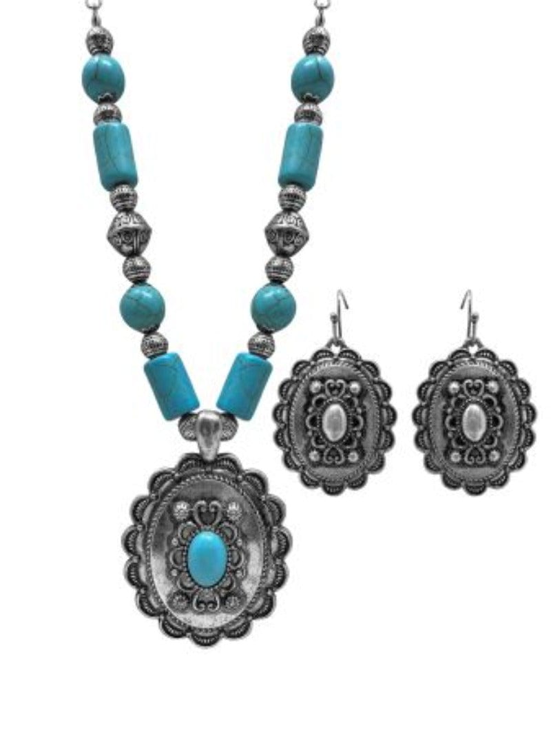 Showman Jewellery Necklace & Earrings Set Western Silver Tone Turquoise Stone